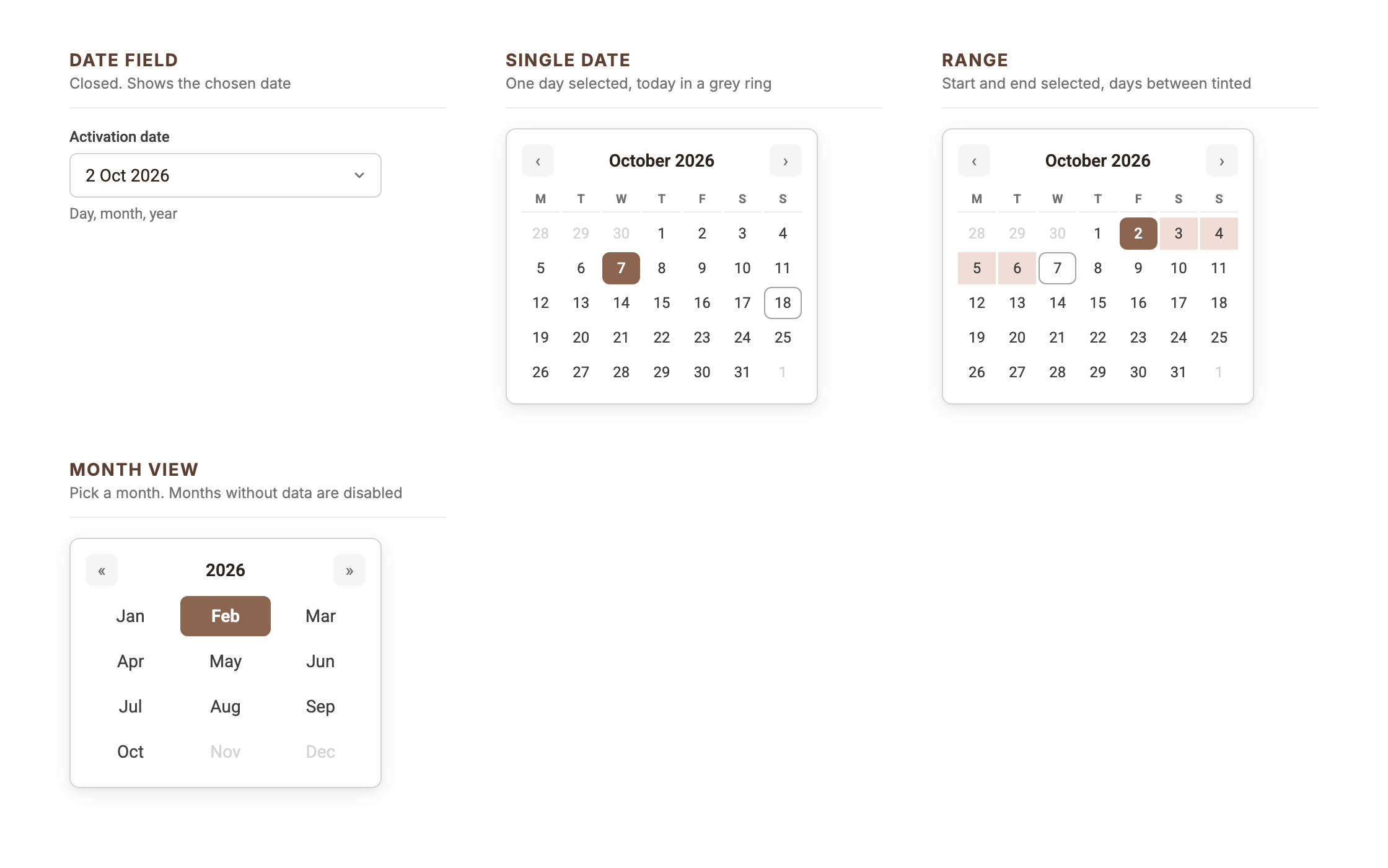 Calendar: closed date field, single date with today, range, and month view with months without data disabled